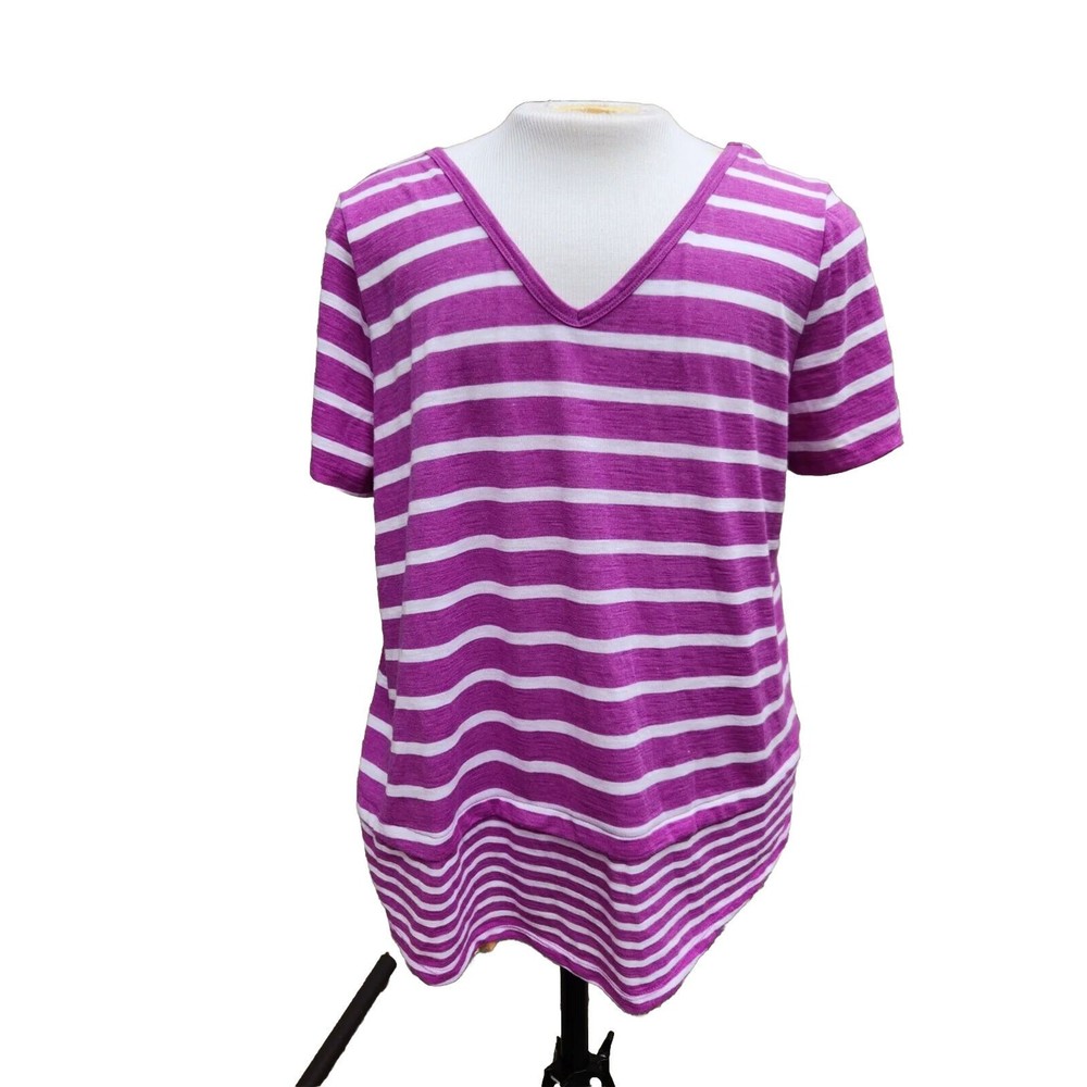Lane Bryant Plus Size 18-20 Top Strap Cross Back Plum/White Striped Short Sleeve